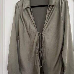 Zara Sleek Greenish/Gray Tie-Front Blouse